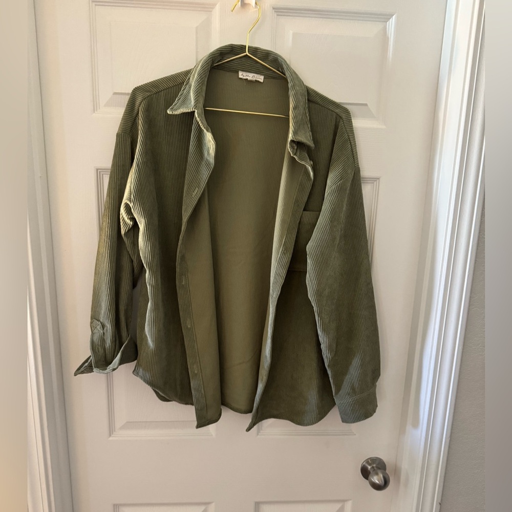 Corduroy Jean Jacket in Olive Green - Women